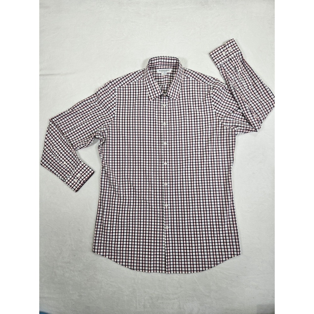 Men's Medium Trim Fit Mizzen + Main Maroon Gray‎ Plaid Button Shirt XXL